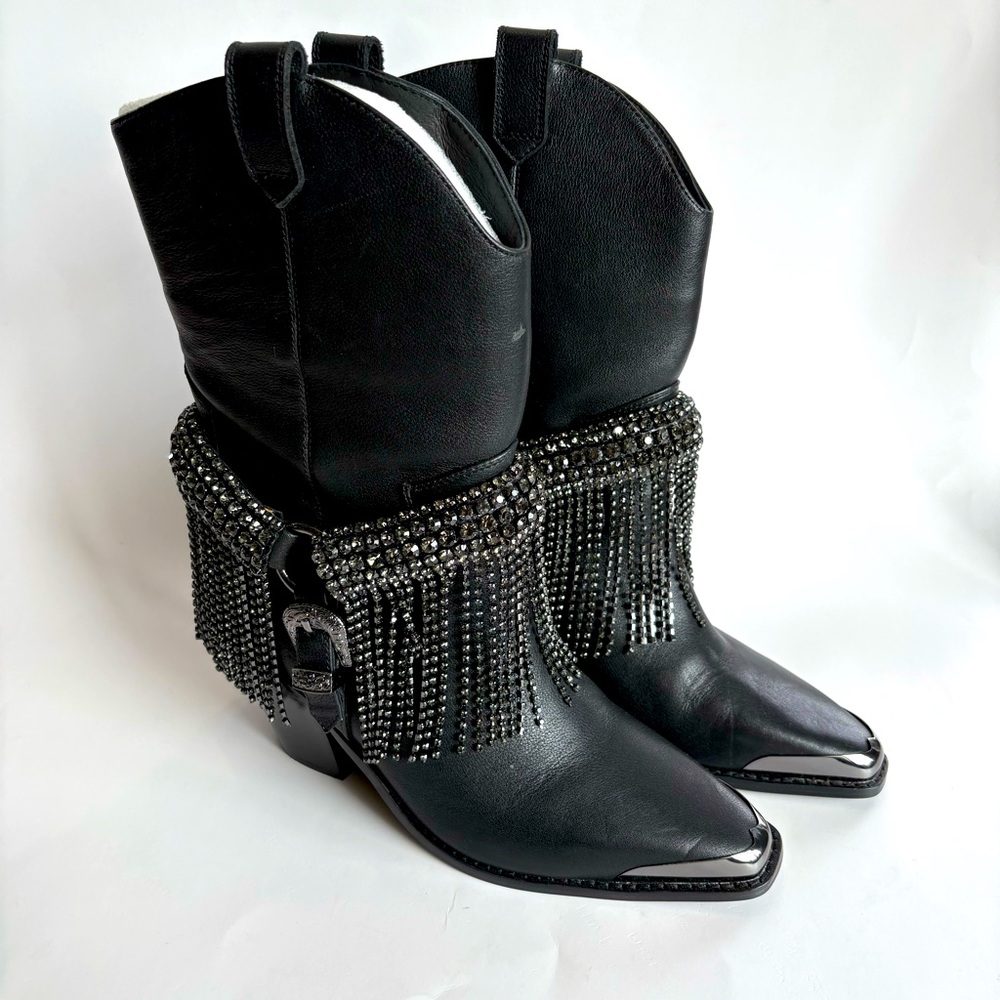 DanielXDiamond‎ Women's 7 Black High Noon Western Boots Snip Toe Leather Fringe
